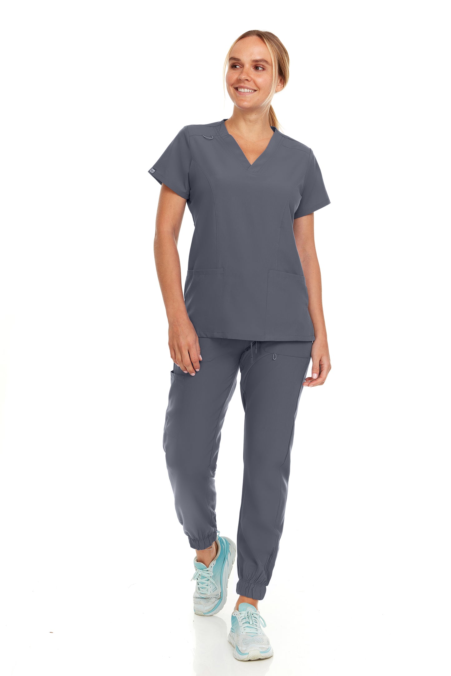 Hey Nurse Budget Friendly 4way stretch scrub top. Black and Pewter